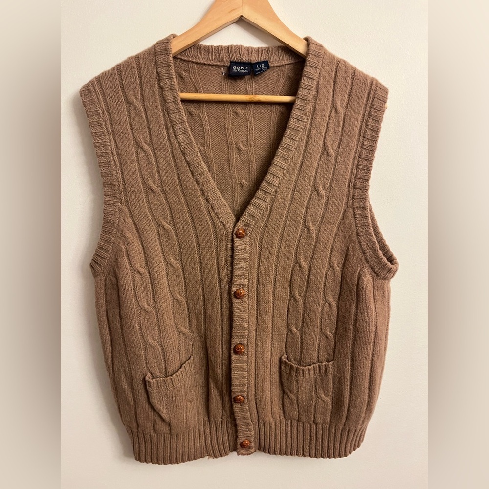 Vintage Campus Wool Cable Knit Button Up Sweater Vest L